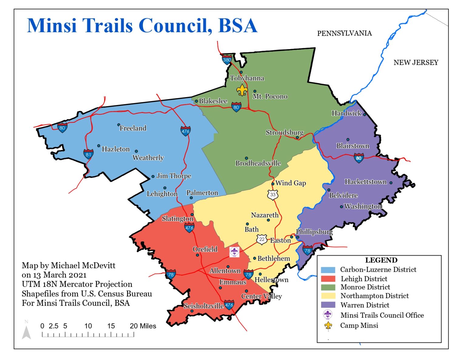 Minsi Trails Council map of districts